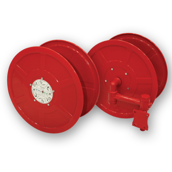 Red Manual swing hose reel drum for hose reel system.